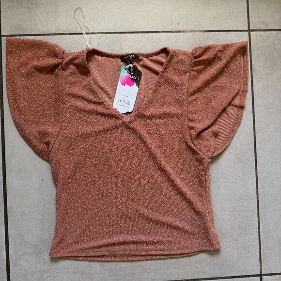 Papermoon Rust Brown Shimmer Flutter Sleeve Top NWT - Picture 1 of 7
